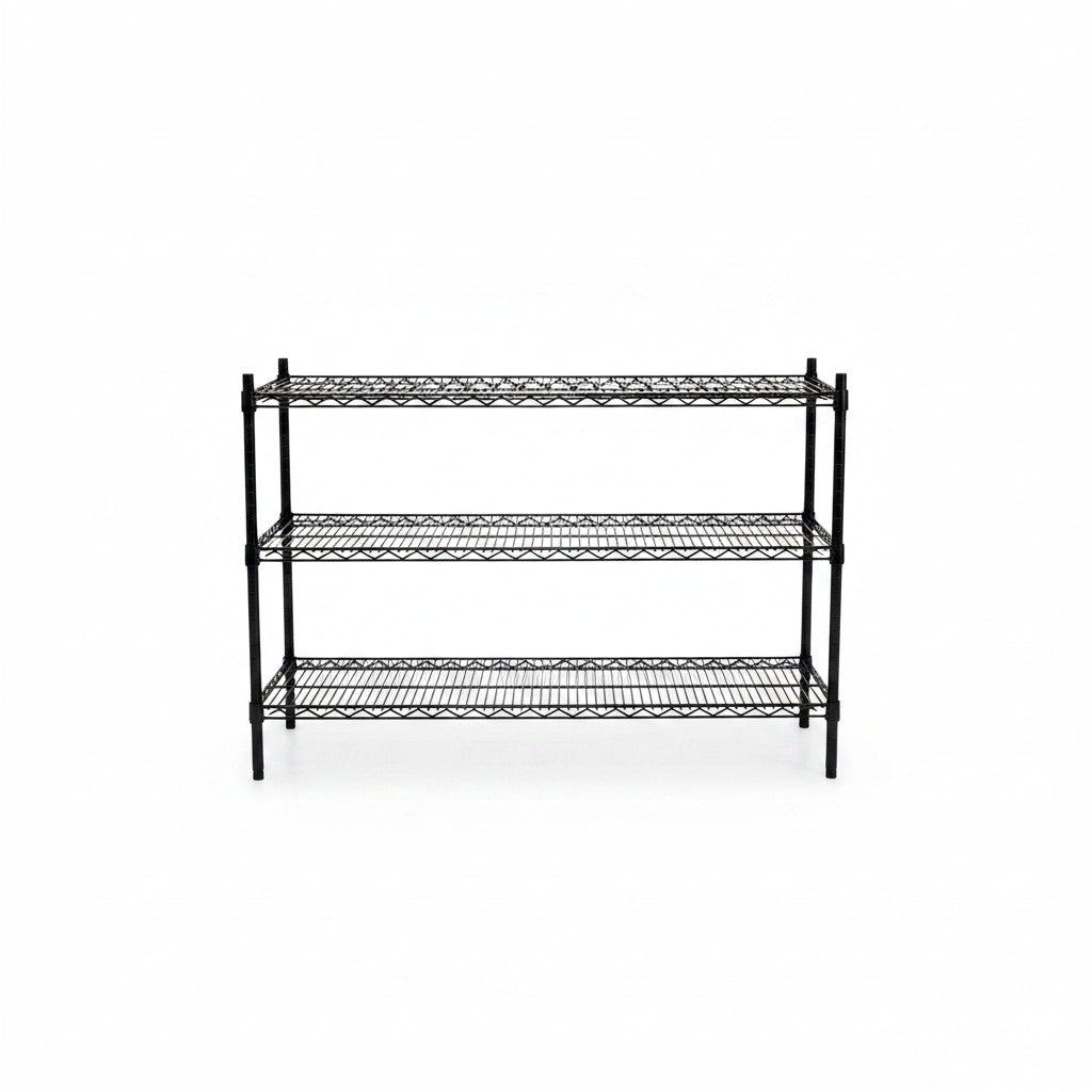 SuperSellerS black TUBO wire shelving unit with three extra deep shelves for storage, 122cm wide