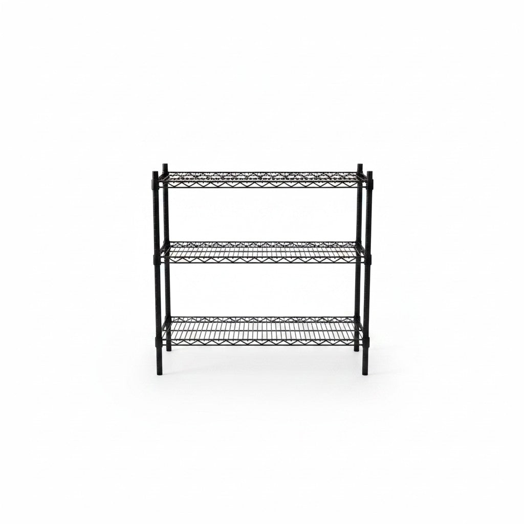 SuperSellerS svørt tráðreol við trimum hæddum, 91 cm breið og 90 cm høg, til fjølbroytta goymslu.