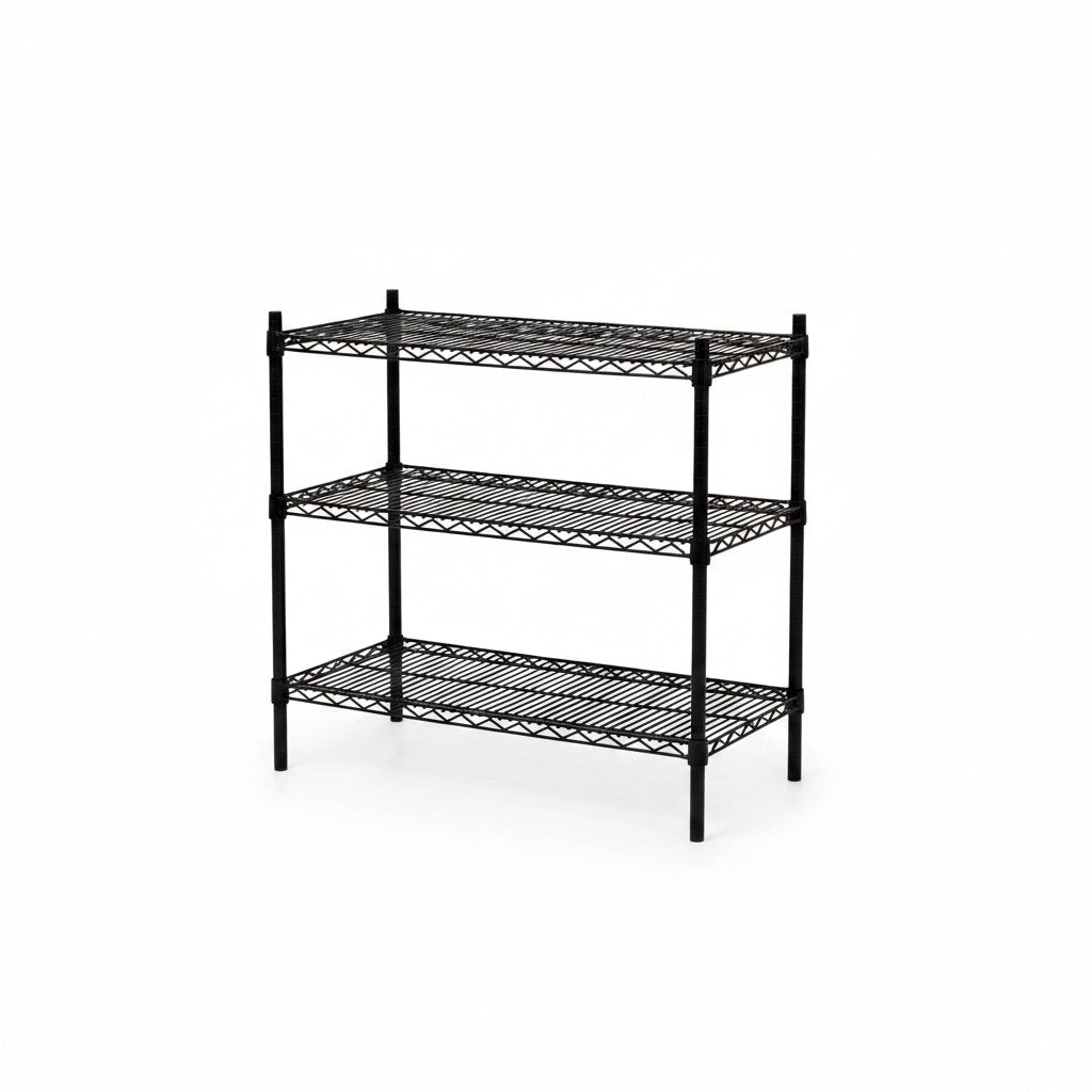 SuperSellerS black metal TUBO shelving unit with three wire shelves for retail display or home storage