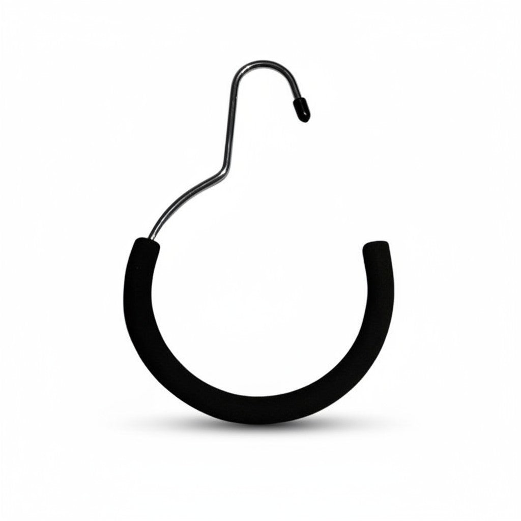 SuperSellerS chrome scarf ring hanger with black foam padding, 20cm height and 12cm diameter for retail display.