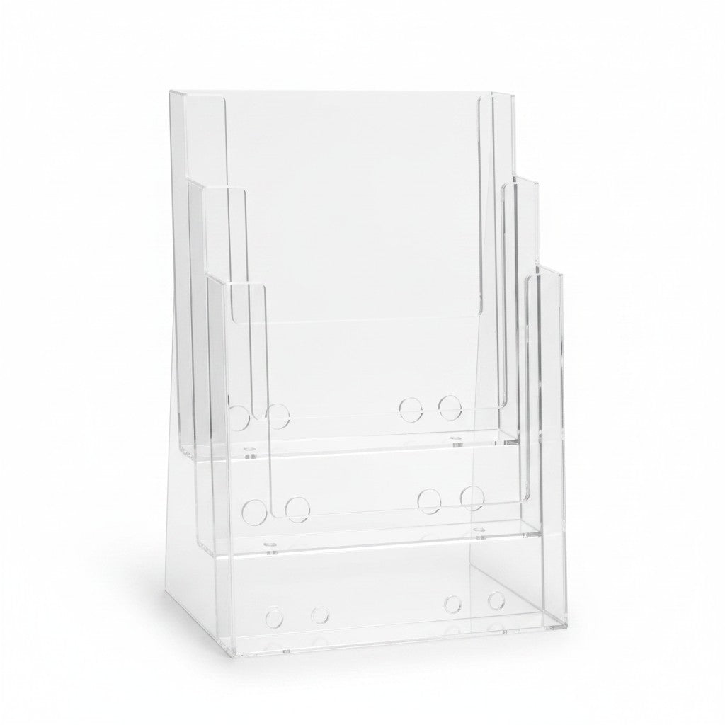 SuperSellerS clear acrylic A4 brochure holder with three tiered compartments for organized display on desks or counters.