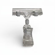 SuperSellerS Clear Grip sign holder in transparent acrylic with a wide 8cm clamp for retail shelf displays