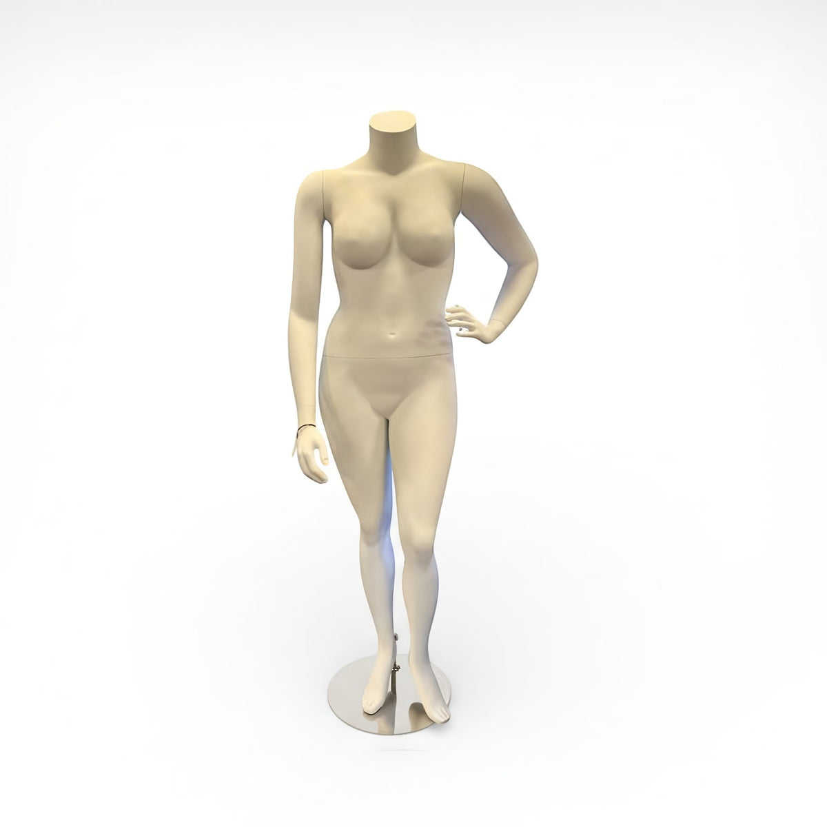 SuperSellerS headless female mannequin in matte white with a chrome base for retail clothing display.