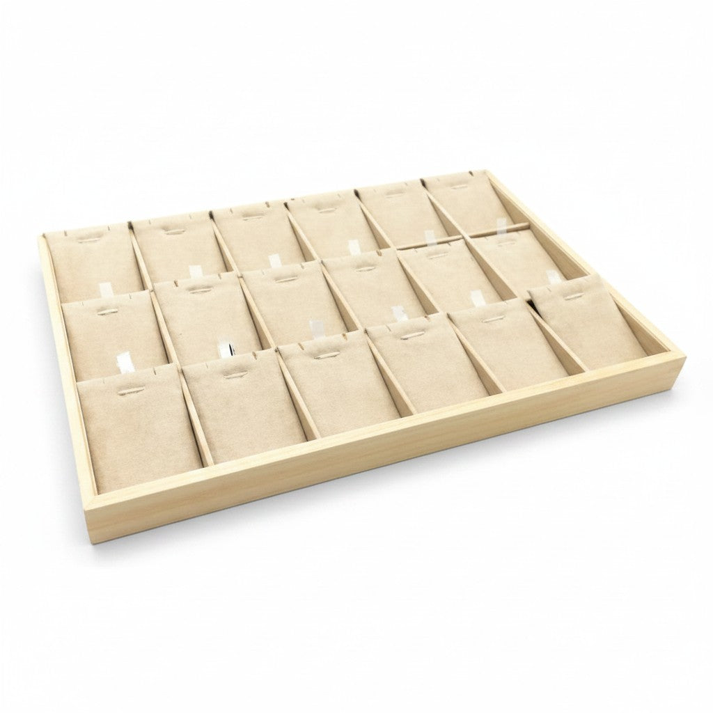SuperSellerS light wood jewelry display tray with 18 beige velvet compartments for organizing necklaces