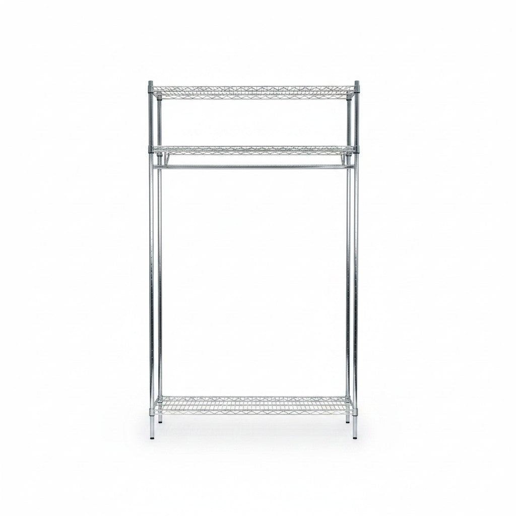 SuperSellerS TUBO chrome wire wardrobe shelving unit with three shelves and a hanging rail, 122cm wide.
