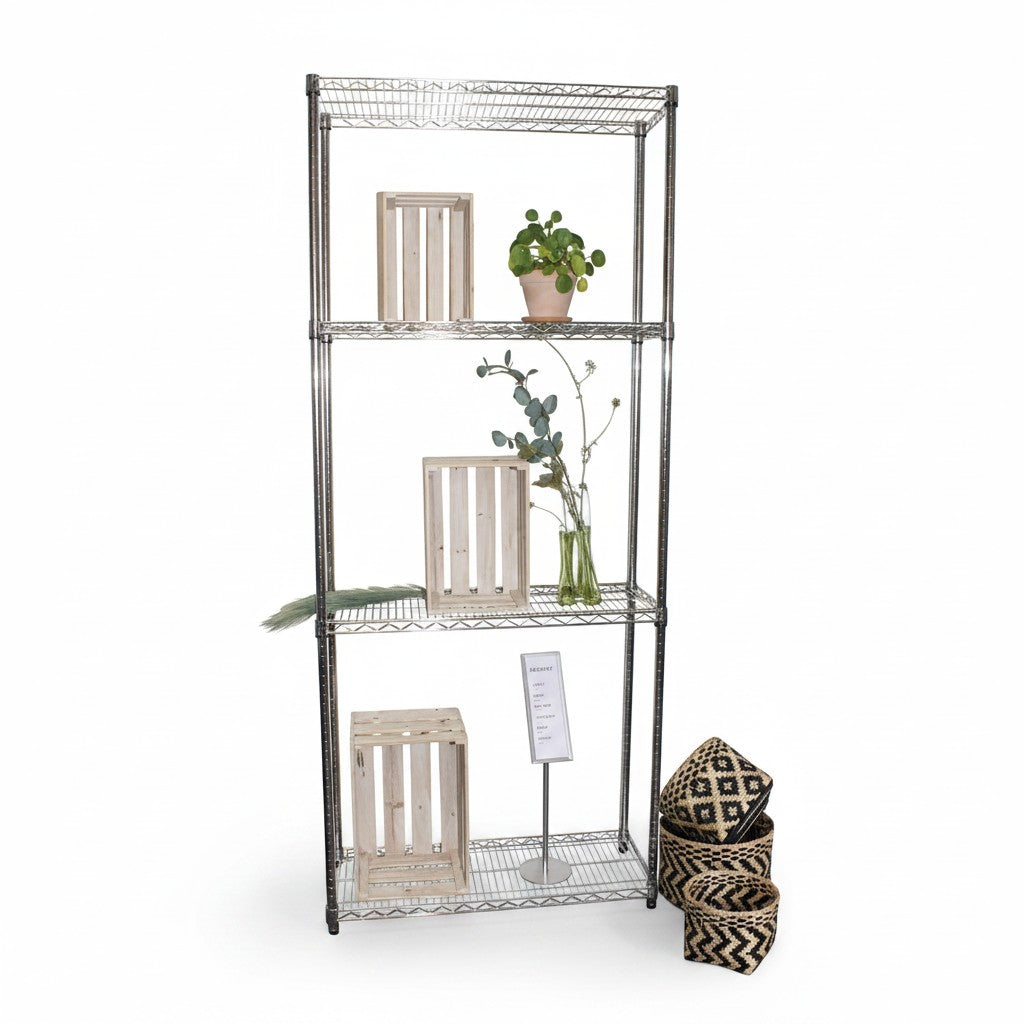SuperSellerS TUBO chrome wire shelving unit with four tiers, styled with wooden crates and decorative plants.