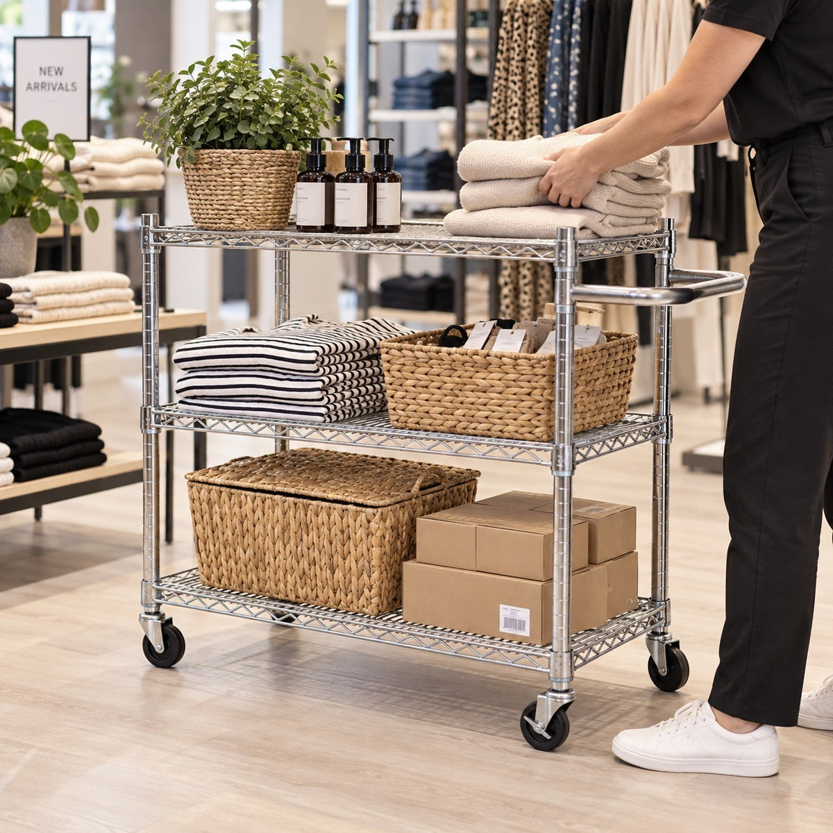 SuperSellerS TUBO rulluvognur í kromi við trimum hillum, fyltur við kurvum og tekstilum í handli