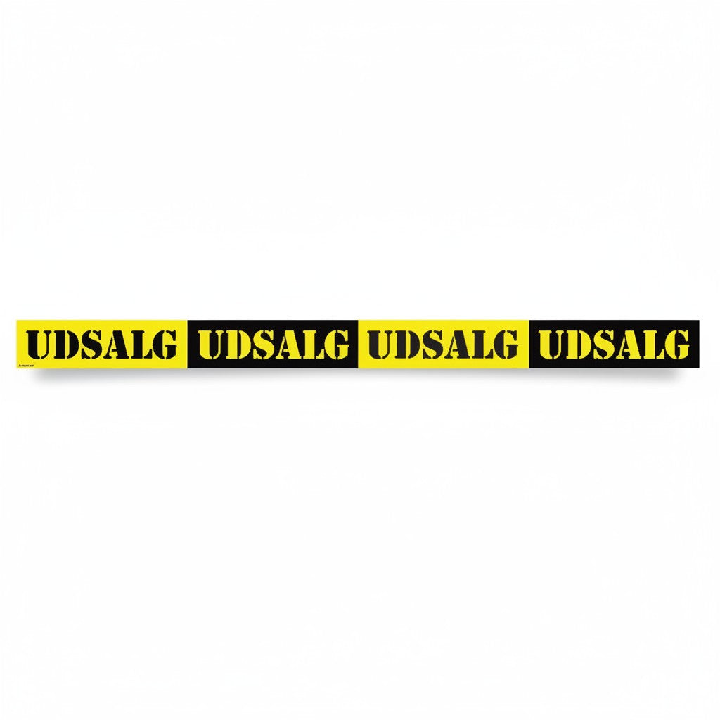 SuperSellerS 120 cm sjálvlímandi vindeygastrimil við UDSALG-teksti í svørtum og gulum til útsøluátøk.