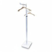 SuperSellerS white height-adjustable floor clothing rack with two straight arms and wooden hangers on a white base
