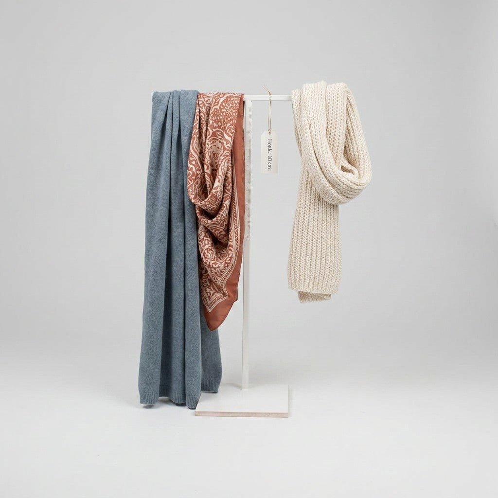 SuperSellerS white adjustable T-display stand holding a blue scarf, patterned scarf, and a chunky knit cream scarf.