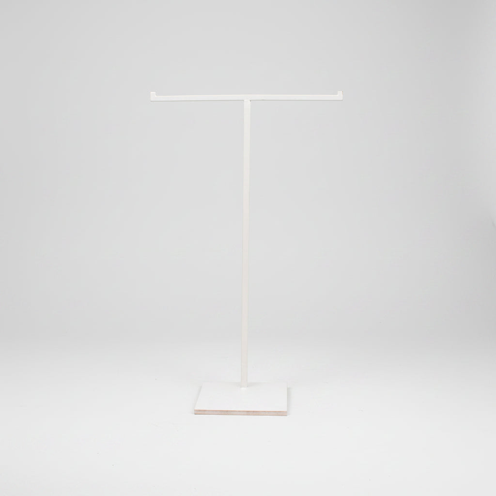 SuperSellerS white height-adjustable T-display stand with a square base for retail product presentation