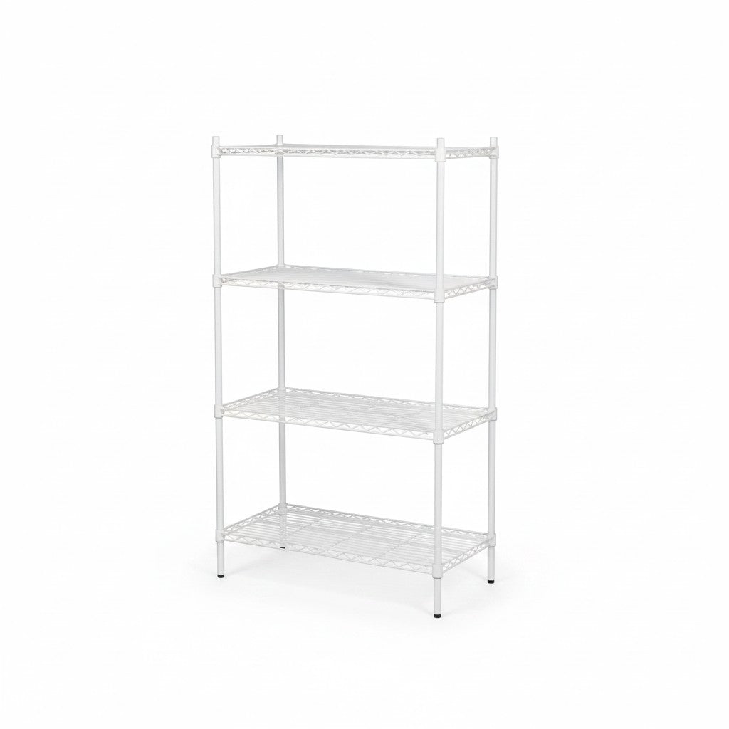SuperSellerS white wire shelving unit with four tiers, 200cm tall, ideal for retail display or storage.