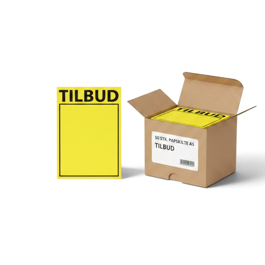 SuperSellerS A5 yellow cardboard sale signs with black Tilbud text, pack of 50 in a brown shipping box