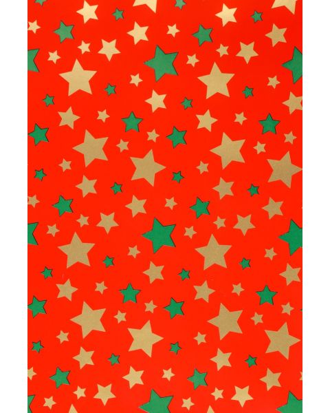 Julpapir B 50 cm. Frisk rød m/guld og grønne stjerner, coated. 100 mtr *