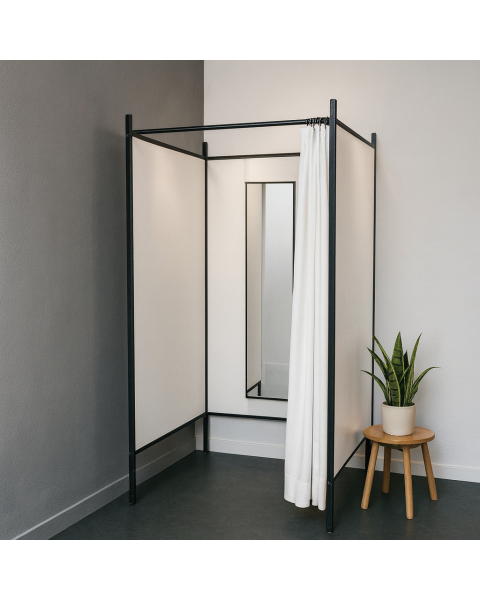 3-sidet prøverum. Sæt med sort stel og forhæng. ( B 100 x D 100 x H 210 cm.) - Vælg farve på forhæng