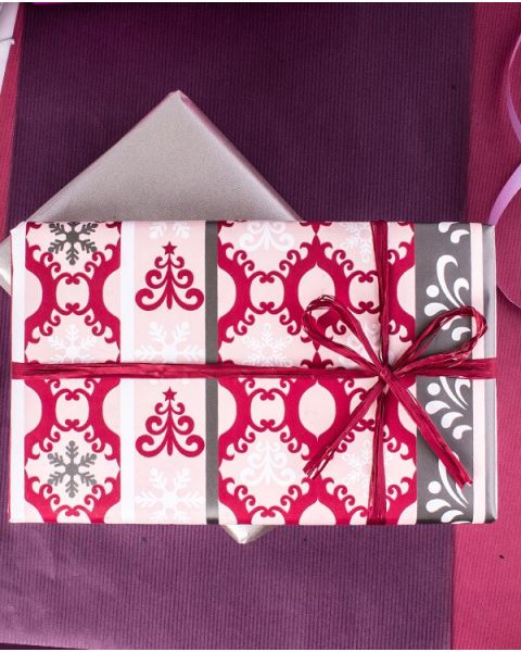 Julepapir B 40 cm. Mønster vinrød, coated. 100 mtr.