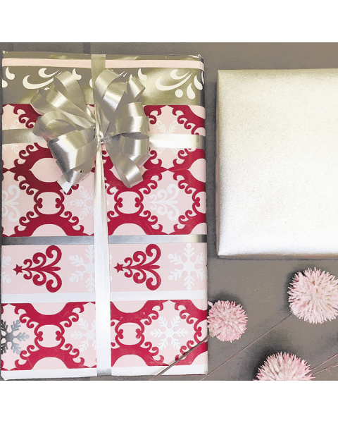 Julepapir B 40 cm. Mønster vinrød, coated. 100 mtr.