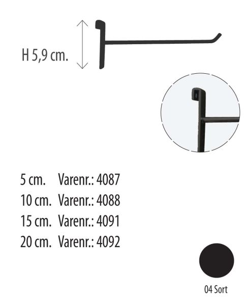 Varekrog Ø 5mm t/ gitter ( H 5,9 cm). Sort. Vælg længde på kroge