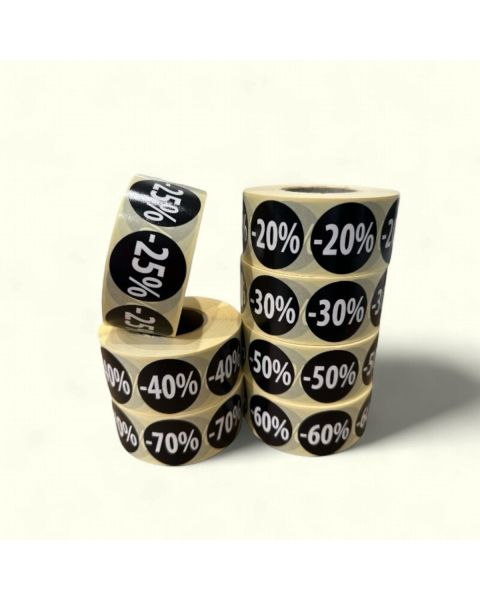 Sorte etiketter m/ procent - 1.000 stk. Vælg procent