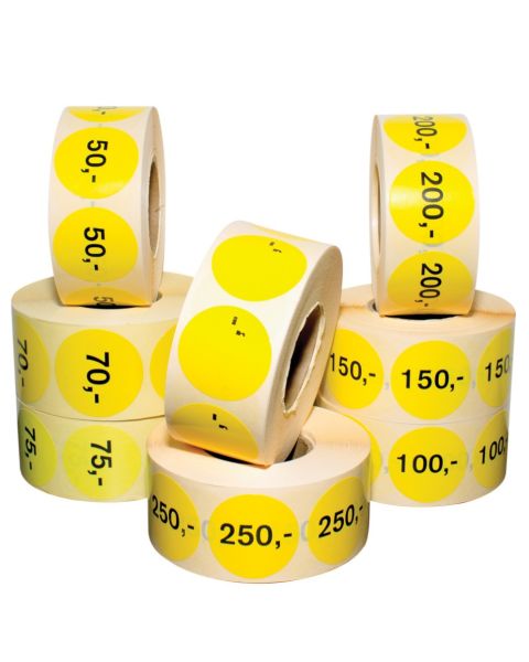 Gule etiketter m/ fast beløb - 1.000 stk. Vælg beløb
