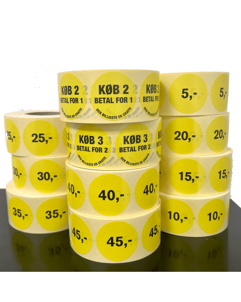 Gule etiketter m/ fast beløb - 1.000 stk. Vælg beløb