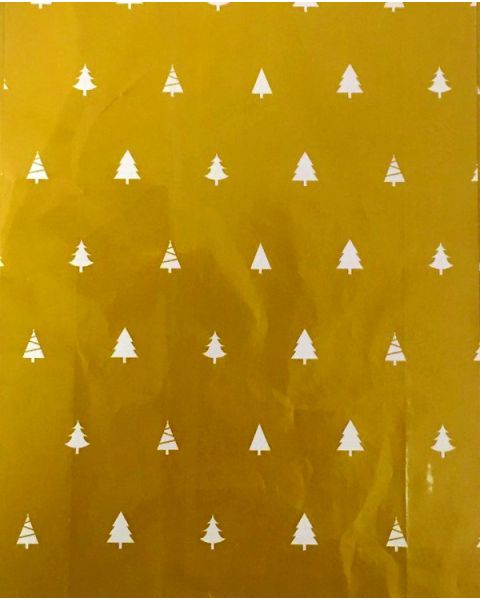 Julepapir B 70 cm. Hvide juletræer på guld baggrund, coated. 50 mtr.