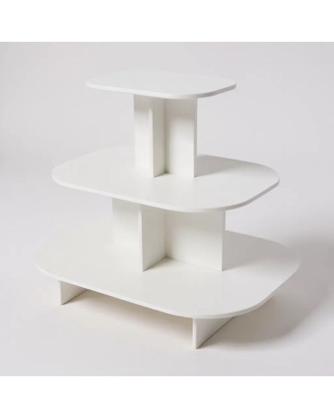 Pyramide oval - 3-lagsbord. Hvid melamin.  L 120 x D 90 x H 106 cm. Afrundet podie 3 niveauer