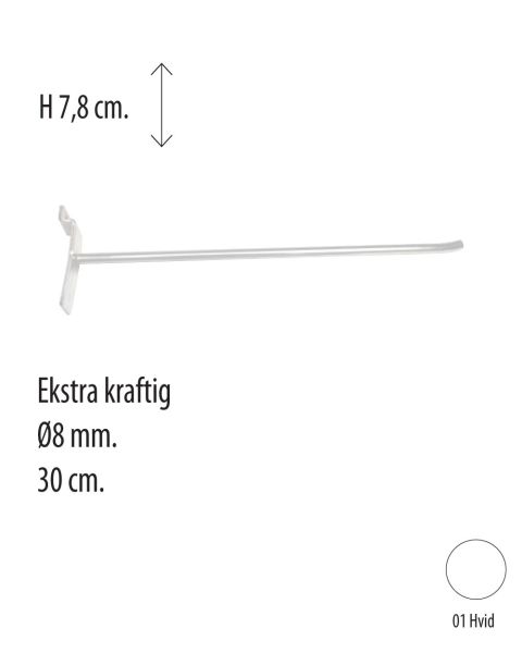 Varekrog, til panel, hvid, 30 cm. Ø 8mm. Ekstra kraftig