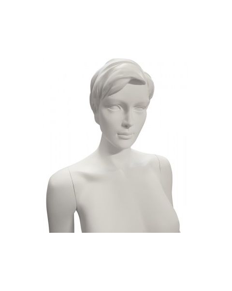 Realistic damemannequin.  Hvid med hoved, ansigt og skulpterede hår. Rund metalfod. Står - let på tå
