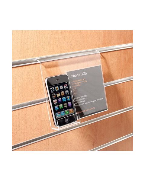 Mobil holder med infoplade. 10,7 x H11,7 cm. Akryl t/ rillepanel