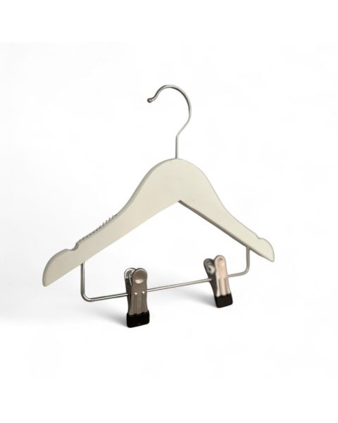 Træbøjle, massiv, flad, baby, med gummi og hak, med klemmer, mat hvid, 27 cm