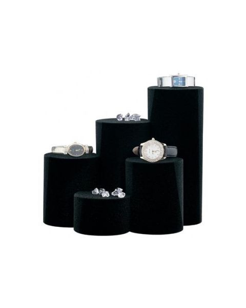 Smykkedisplays. Sæt med 5 cylinderformede smykkedisplays i sort flock.