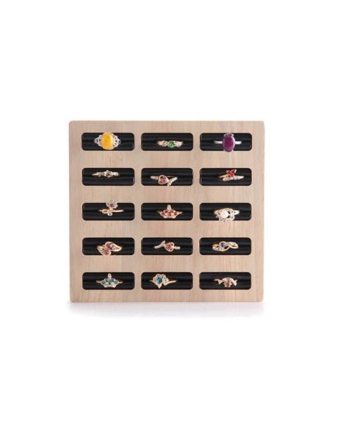 Smykkebakke til ringe. Bambus træ. Firkantet med sort indlæg 15 rum