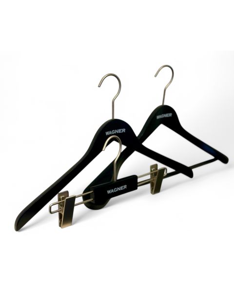 Wagner træbøjle, massiv, vinklet, ekstra kraftig, med skridsikker buksestang, mat sort, 13/50 mm tyk, 45 cm, satin krom. *RESTSALG*