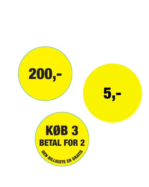 Rabatklistermærke med beløb - Gule etiketter m/ fast beløb. Vælg bekøb