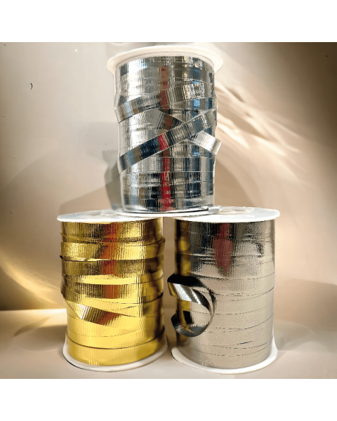 Gavebånd, metal riflet sølv, 10 mm x 250 mtr.