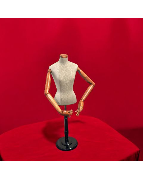 Vintage, damegine, grå/hørfarvet, med træ arme, med hoved, rund fod i sort, mellem stang. Bordmodel