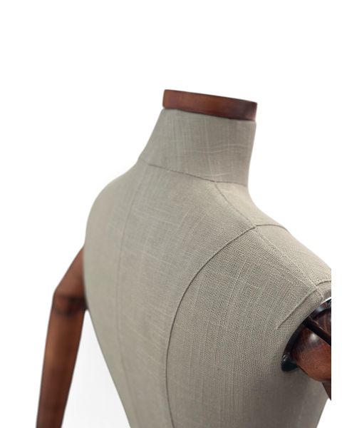 Vintage, damegine, grå/hørfarvet, med træ arme, med hoved, rund fod i sort, mellem stang. Bordmodel