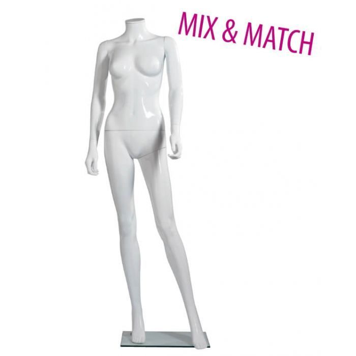 Budget, damemannequin, uden hoved, med glas fodplade, Hvid high gloss