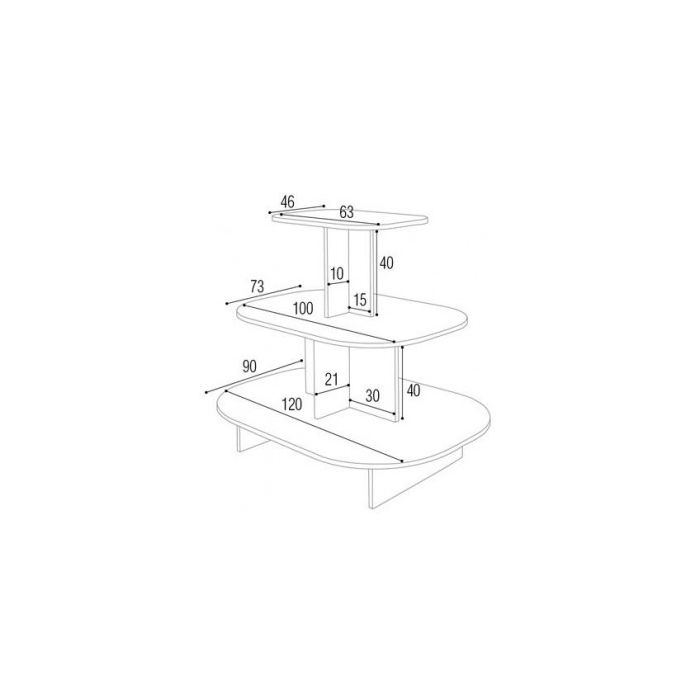 Pyramide oval - 3-lagsbord. Hvid melamin.  L 120 x D 90 x H 106 cm. Afrundet podie 3 niveauer