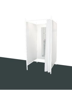 3-sidet prøverum. Sæt med hvidt stel og forhæng. ( B 100 x D 100 x H 210 cm.) - Vælg farve på forhæng og vægplade