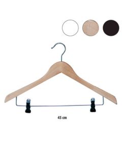 Træbøjle, massiv, flad, voksen, med klemmer, 12 mm tyk, B 45 cm. Konfektionsbøjle
