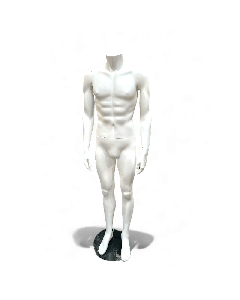 Herremannequin. Hvid uden hoved. Rund metalfod. H 175 cm. Model A, står med spredte ben
