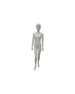 Realistic damemannequin.  Hvid med hoved, ansigt og skulpterede hår. Rund metalfod. Model A