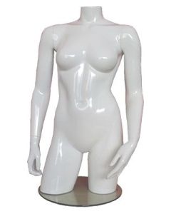 Dametorso i  glasfiber. Hvid high gloss uden hoved. Torso med hofter. På fodplade.