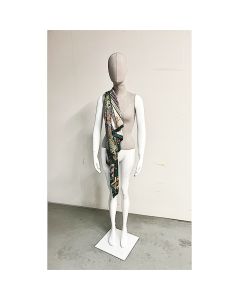 Damemannequin - torso med hoved m. net, egghead, øre i hørfarvet. Meltal fodplade. Hvid high gloss. Luffehænder.