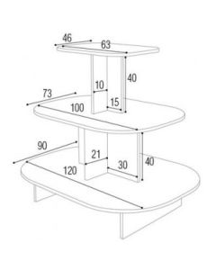Pyramide oval - 3-lagsbord. Hvid melamin.  L 120 x D 90 x H 106 cm. Afrundet podie 3 niveauer
