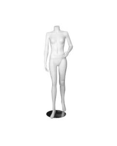 3000 damemannequin. Hvid uden hoved. Rund metalfod. H 158 cm. I skridt