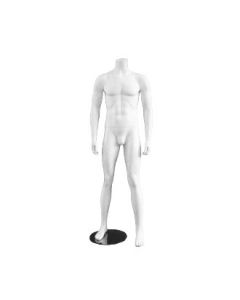3000 herremannequin. Hvid uden hoved. Rund metalfod. H 175 cm. Model A, står med spredte ben